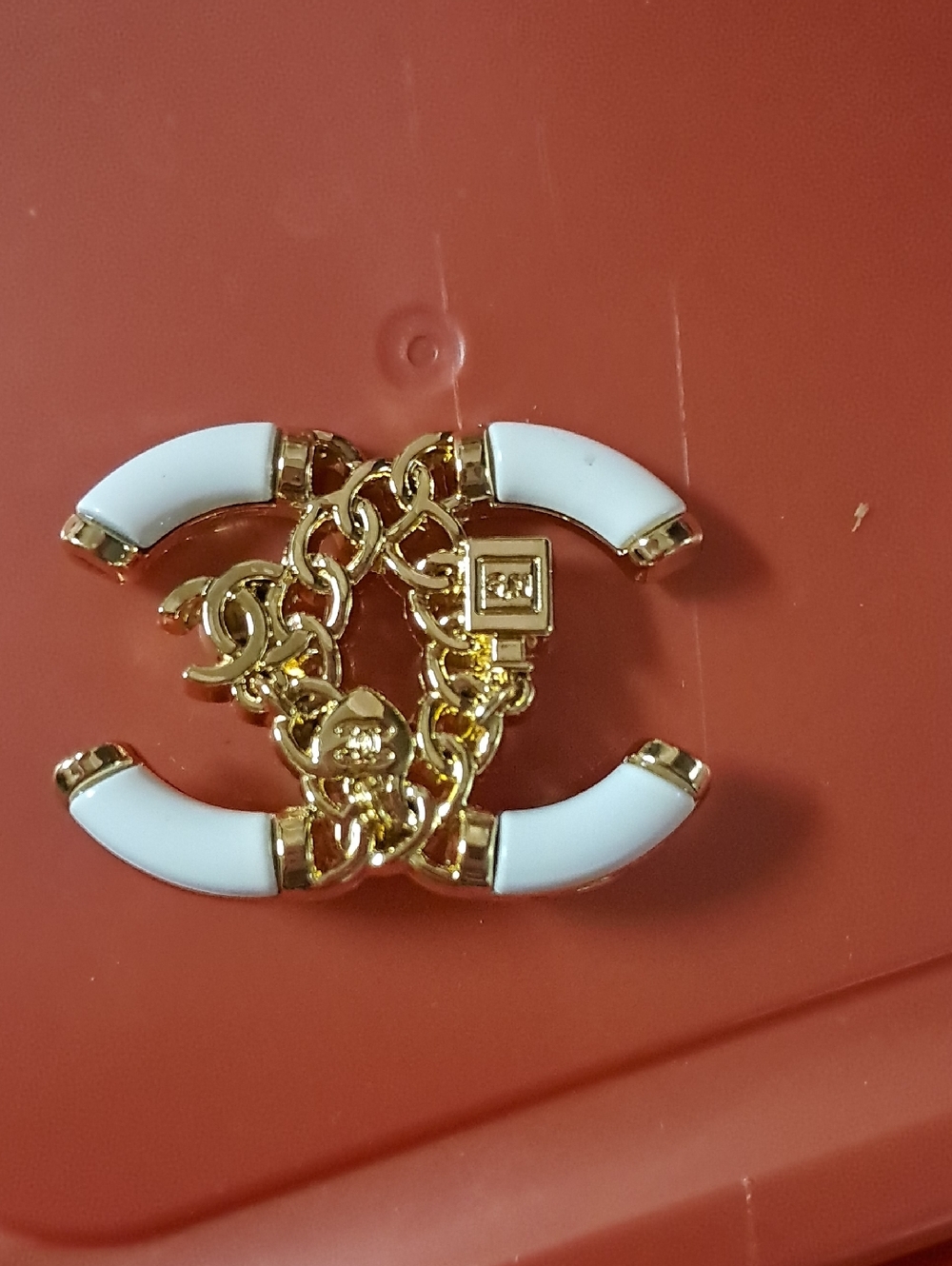 Fashion Jewelry Gold & White Interlocking Logo Brooch